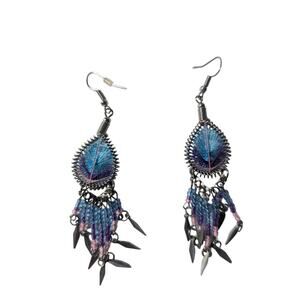 Handmade Dreamcatcher Earrings Blue Purple Beaded Boho Dangle 3.5”